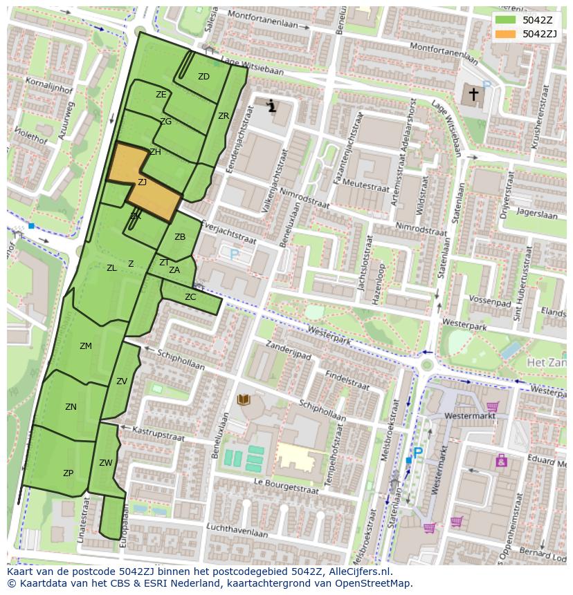 Afbeelding van het postcodegebied 5042 ZJ op de kaart.