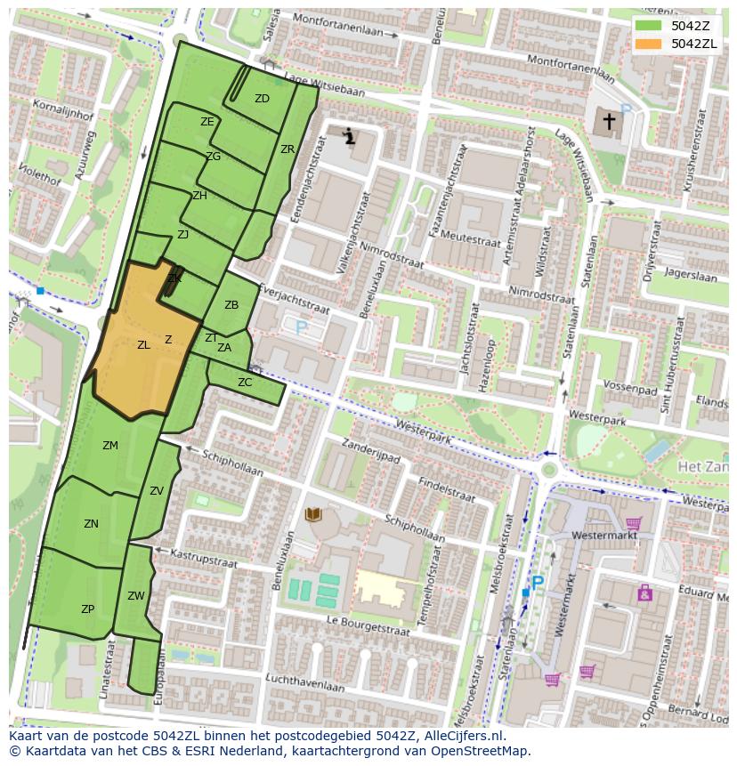 Afbeelding van het postcodegebied 5042 ZL op de kaart.