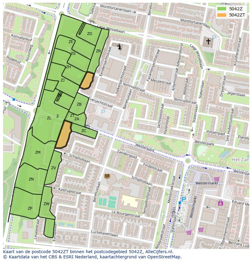Afbeelding van het postcodegebied 5042 ZT op de kaart.