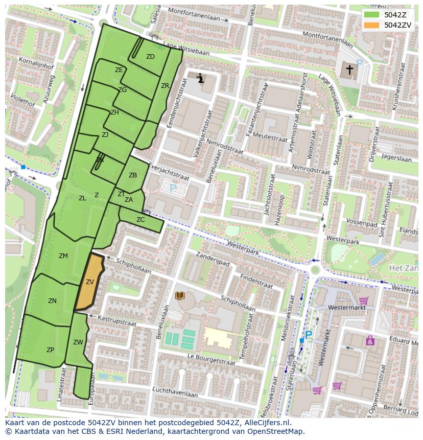 Afbeelding van het postcodegebied 5042 ZV op de kaart.