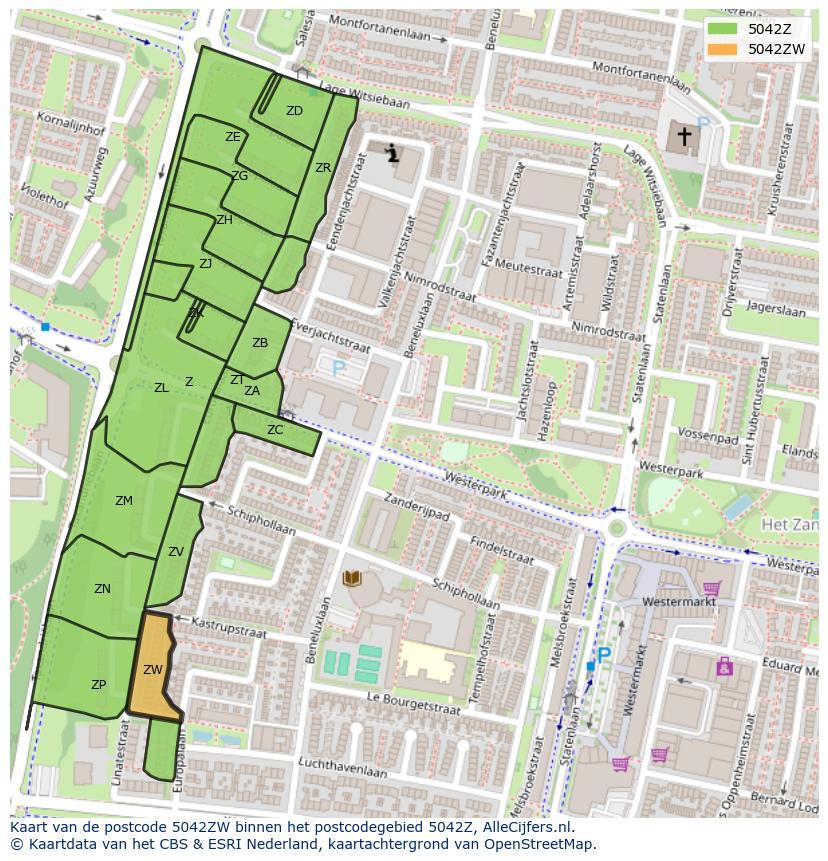 Afbeelding van het postcodegebied 5042 ZW op de kaart.