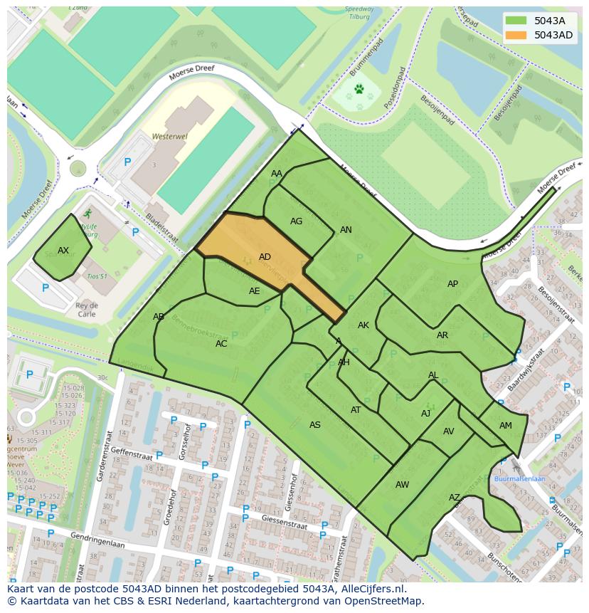 Afbeelding van het postcodegebied 5043 AD op de kaart.
