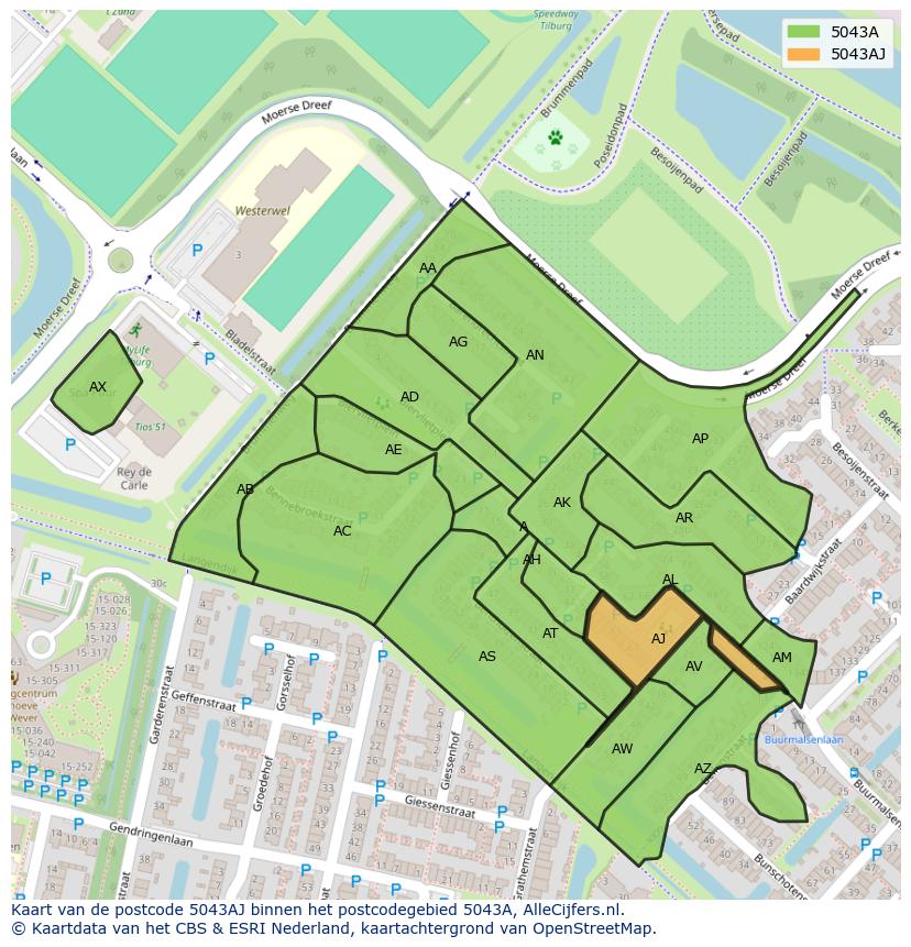 Afbeelding van het postcodegebied 5043 AJ op de kaart.