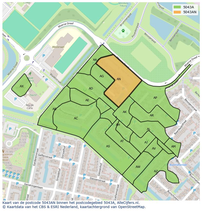 Afbeelding van het postcodegebied 5043 AN op de kaart.