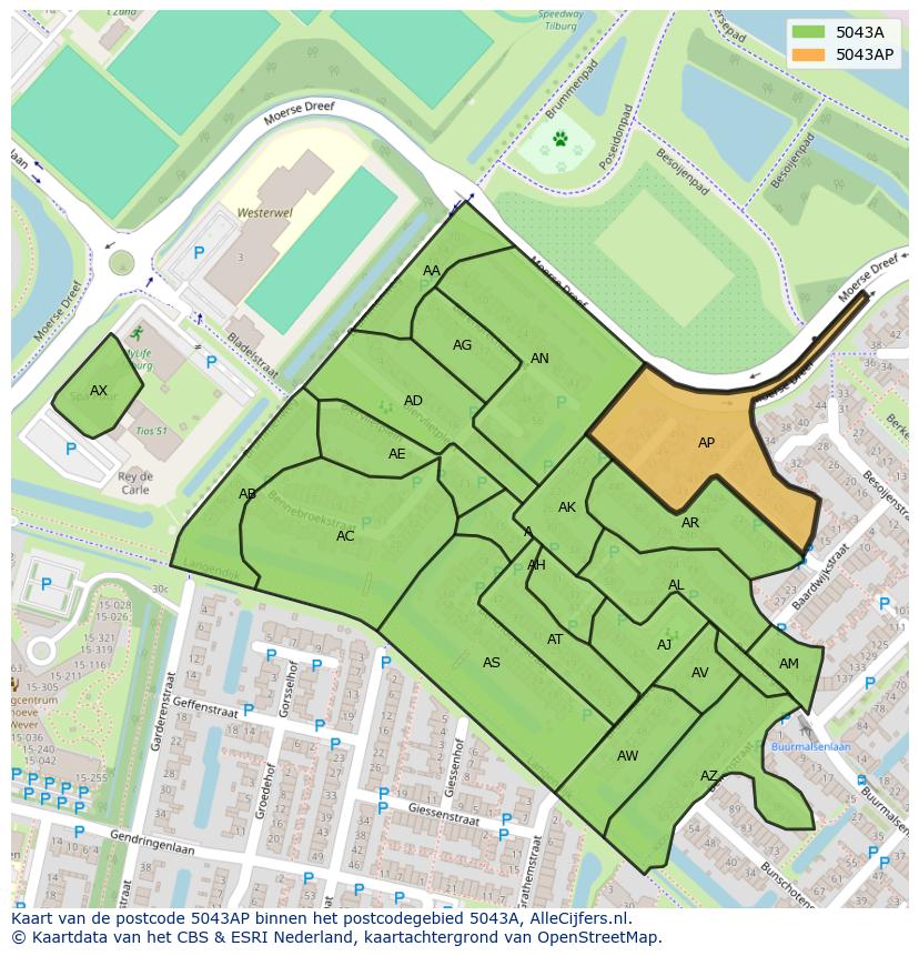 Afbeelding van het postcodegebied 5043 AP op de kaart.