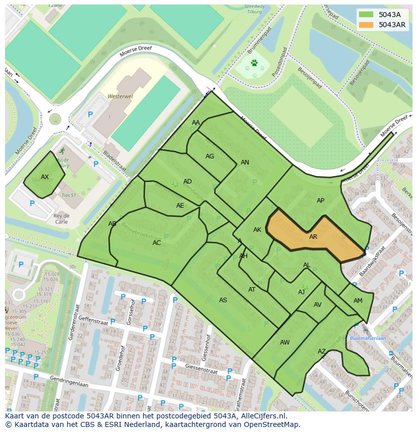Afbeelding van het postcodegebied 5043 AR op de kaart.