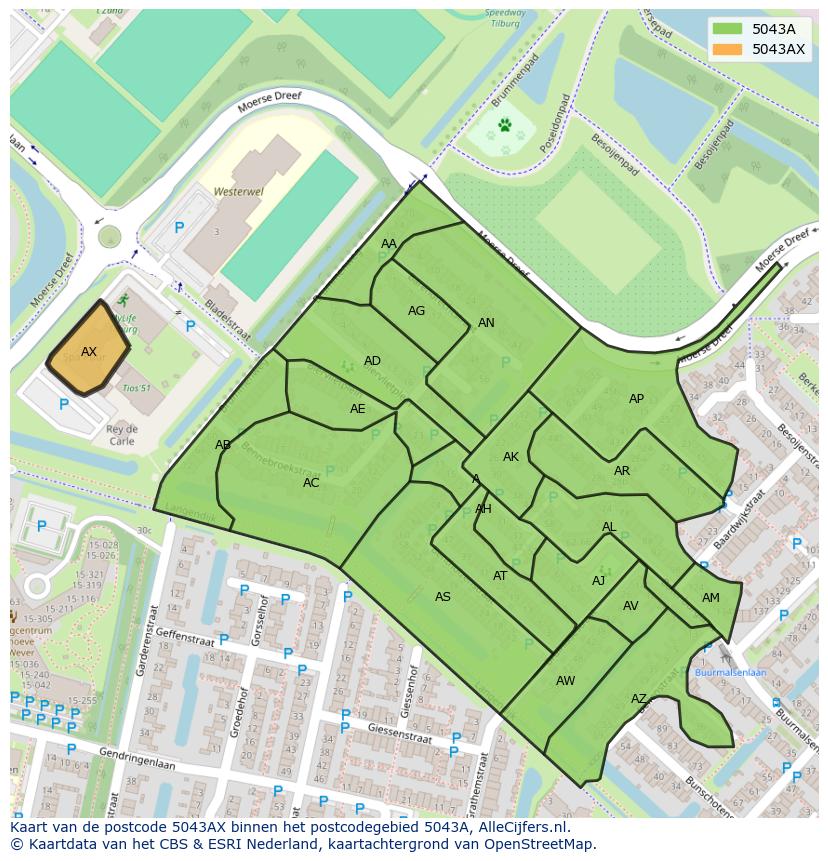 Afbeelding van het postcodegebied 5043 AX op de kaart.