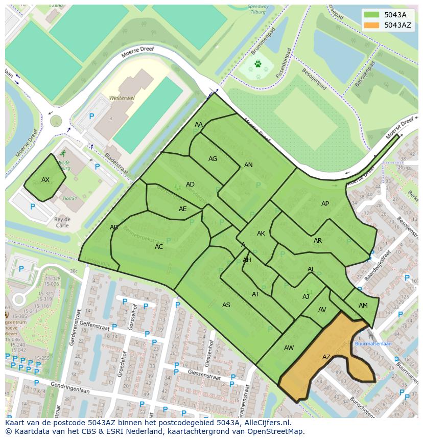 Afbeelding van het postcodegebied 5043 AZ op de kaart.