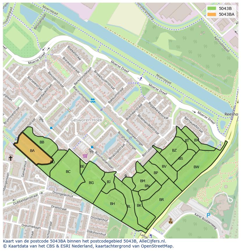 Afbeelding van het postcodegebied 5043 BA op de kaart.