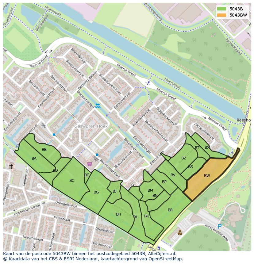 Afbeelding van het postcodegebied 5043 BW op de kaart.