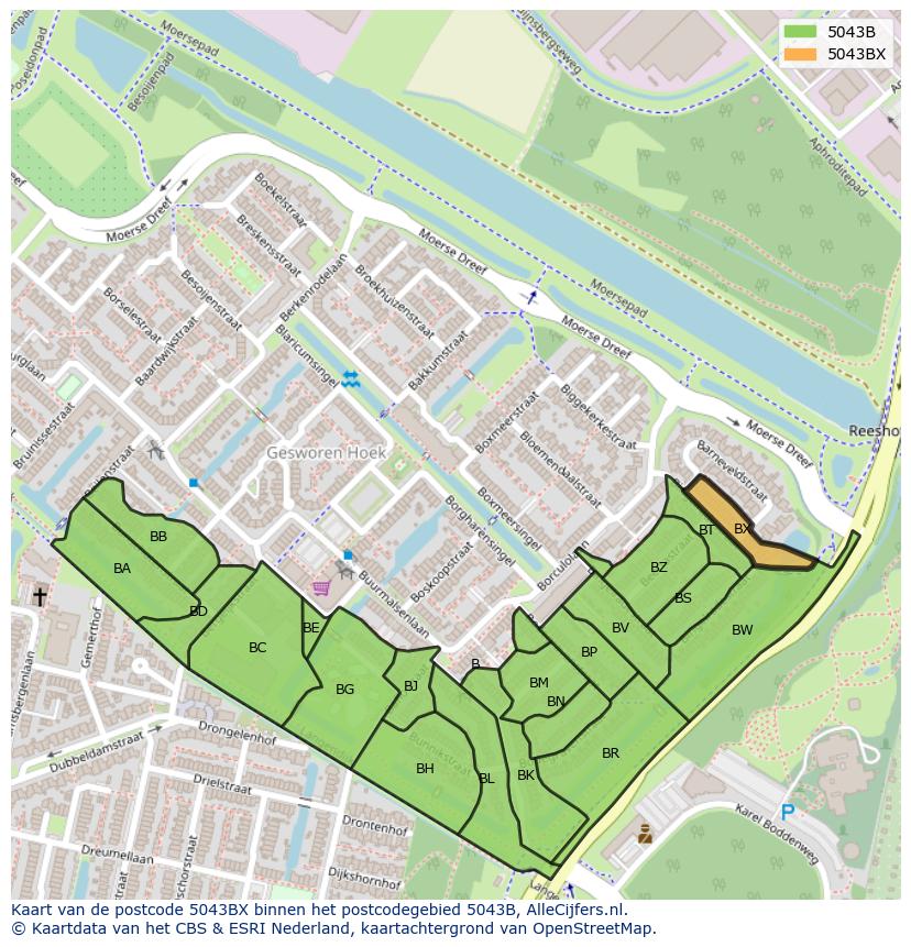 Afbeelding van het postcodegebied 5043 BX op de kaart.