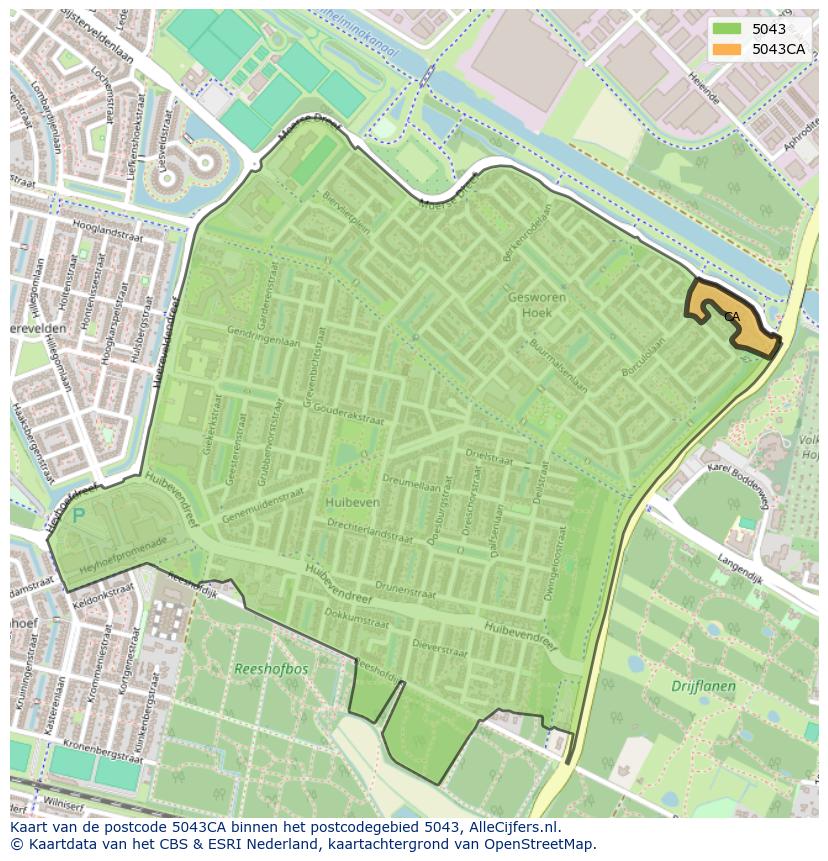Afbeelding van het postcodegebied 5043 CA op de kaart.