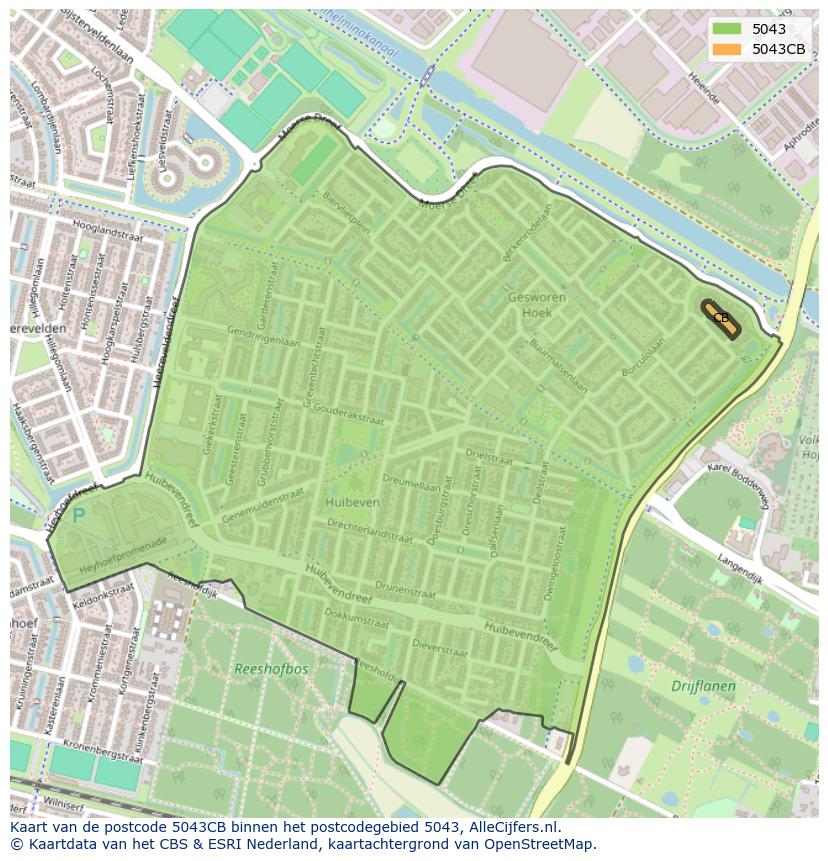 Afbeelding van het postcodegebied 5043 CB op de kaart.