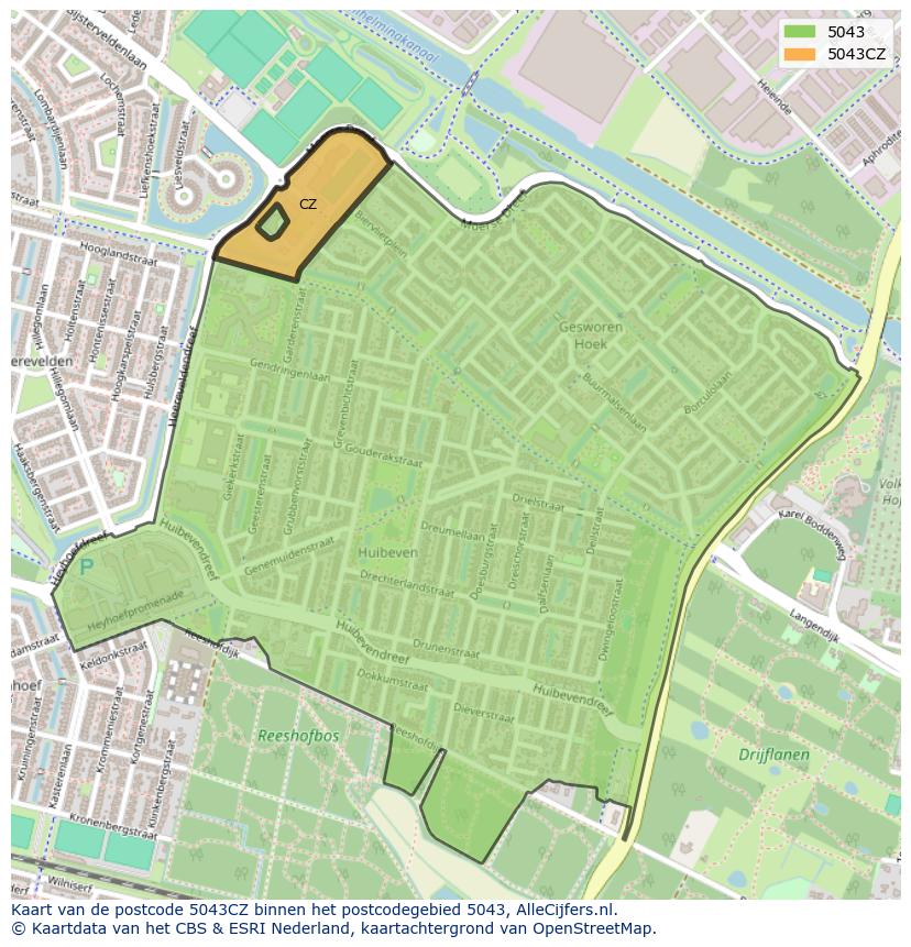 Afbeelding van het postcodegebied 5043 CZ op de kaart.
