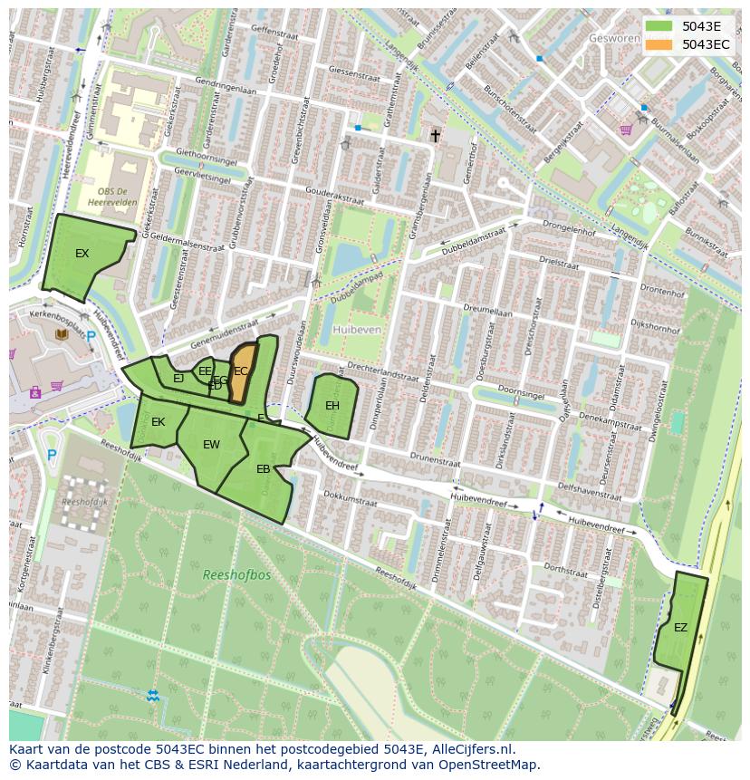 Afbeelding van het postcodegebied 5043 EC op de kaart.