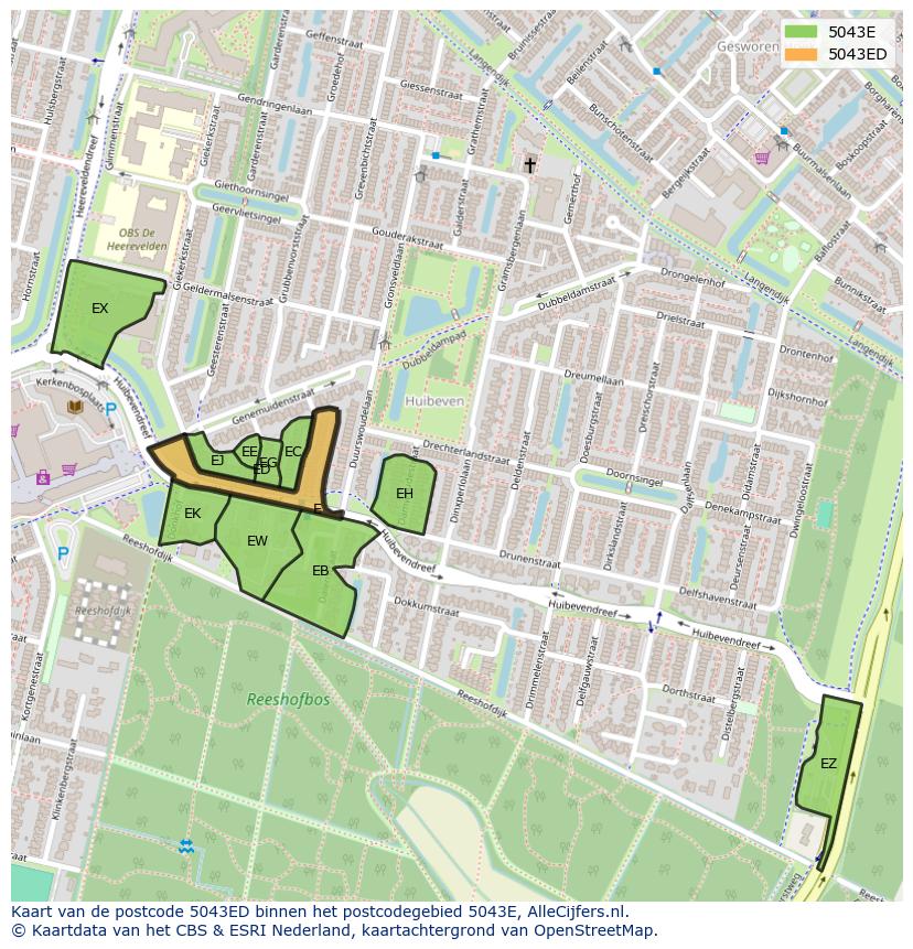 Afbeelding van het postcodegebied 5043 ED op de kaart.