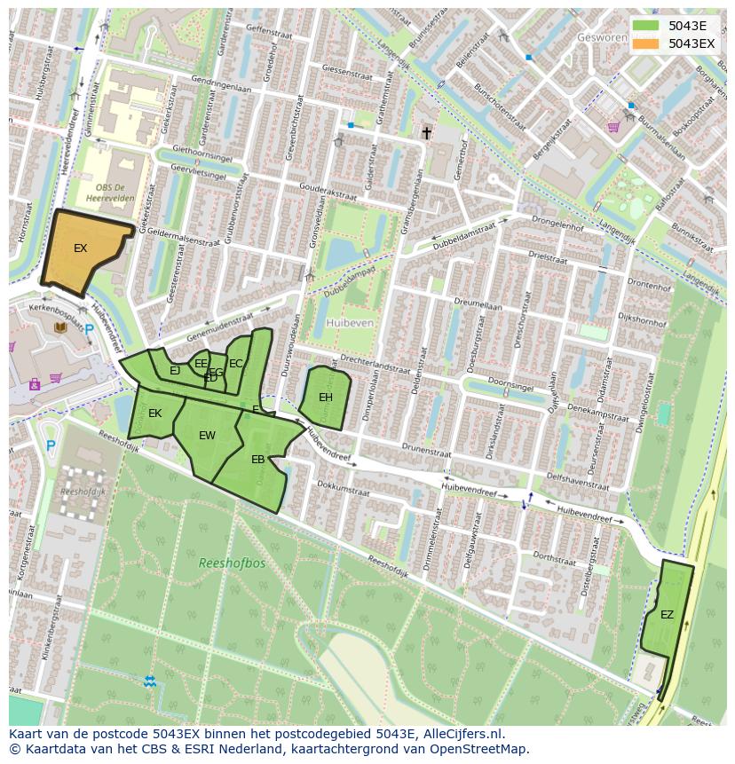Afbeelding van het postcodegebied 5043 EX op de kaart.