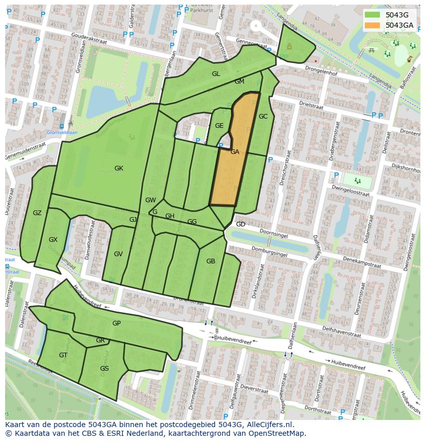 Afbeelding van het postcodegebied 5043 GA op de kaart.