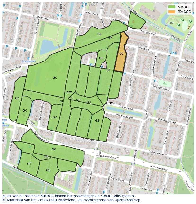Afbeelding van het postcodegebied 5043 GC op de kaart.