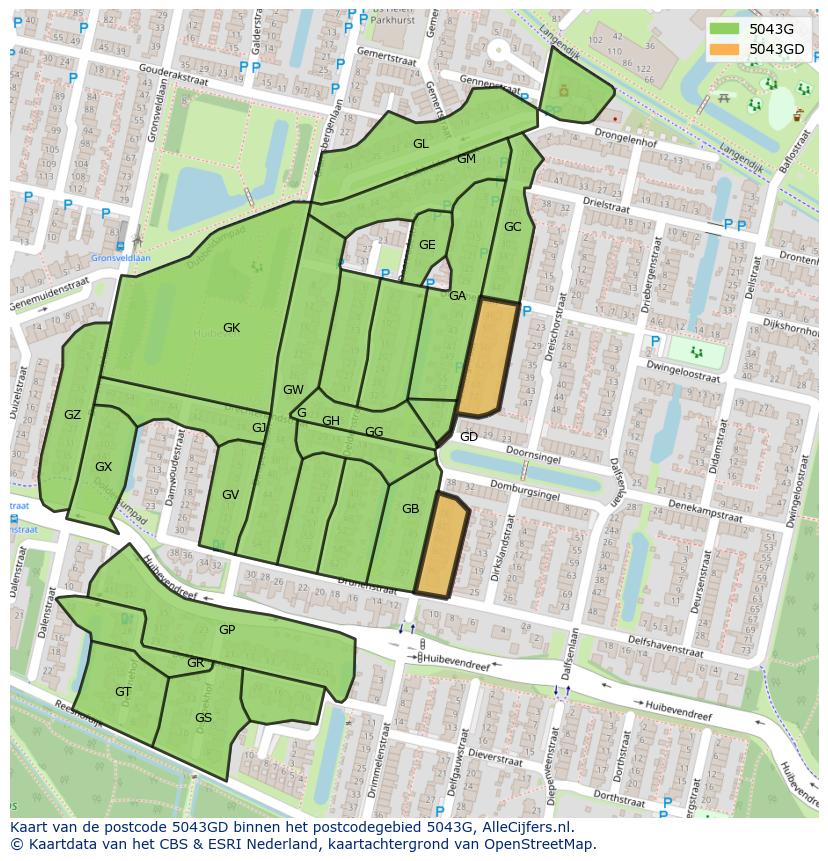 Afbeelding van het postcodegebied 5043 GD op de kaart.