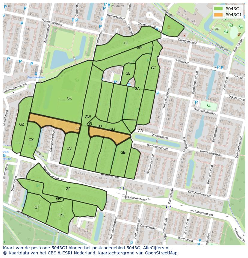 Afbeelding van het postcodegebied 5043 GJ op de kaart.