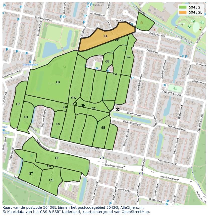Afbeelding van het postcodegebied 5043 GL op de kaart.