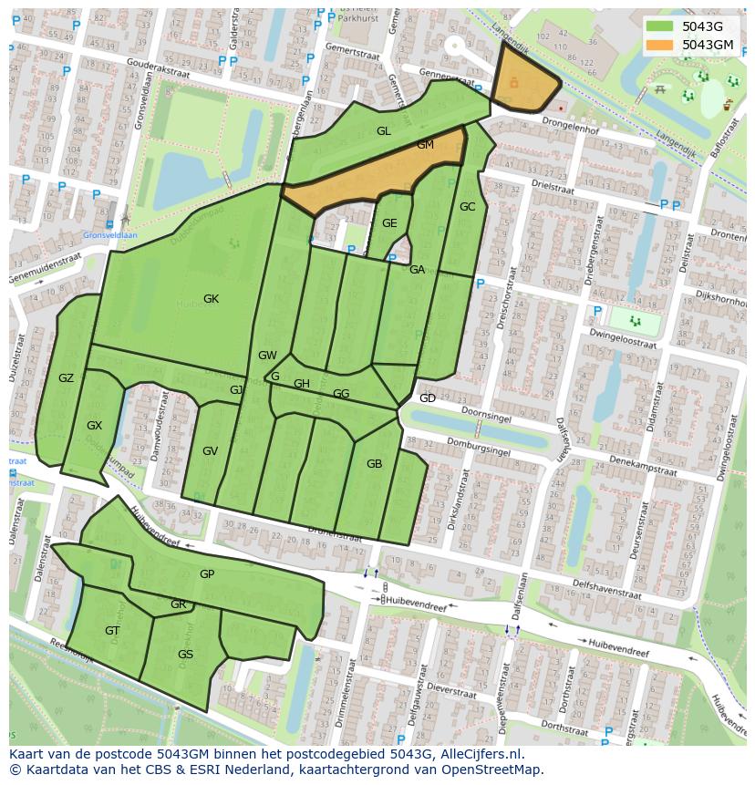Afbeelding van het postcodegebied 5043 GM op de kaart.