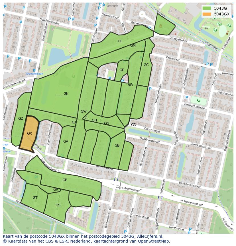 Afbeelding van het postcodegebied 5043 GX op de kaart.