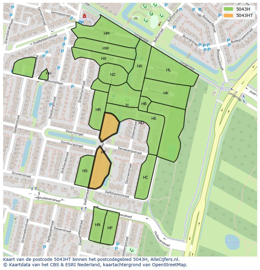 Afbeelding van het postcodegebied 5043 HT op de kaart.