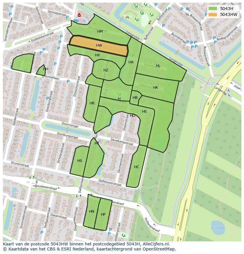 Afbeelding van het postcodegebied 5043 HW op de kaart.