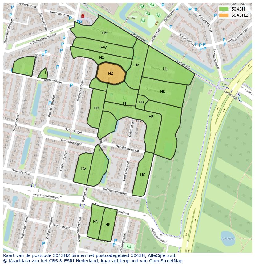 Afbeelding van het postcodegebied 5043 HZ op de kaart.