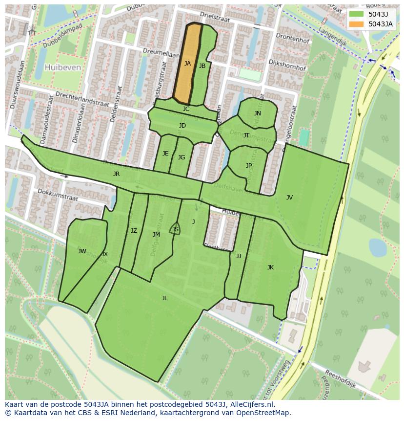 Afbeelding van het postcodegebied 5043 JA op de kaart.