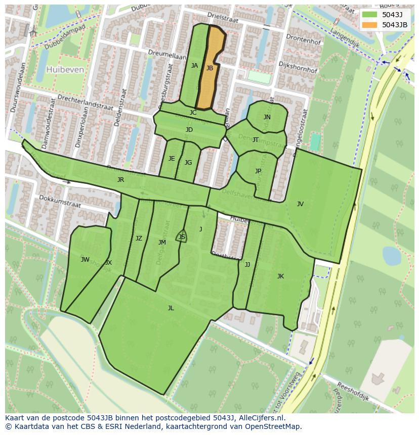 Afbeelding van het postcodegebied 5043 JB op de kaart.