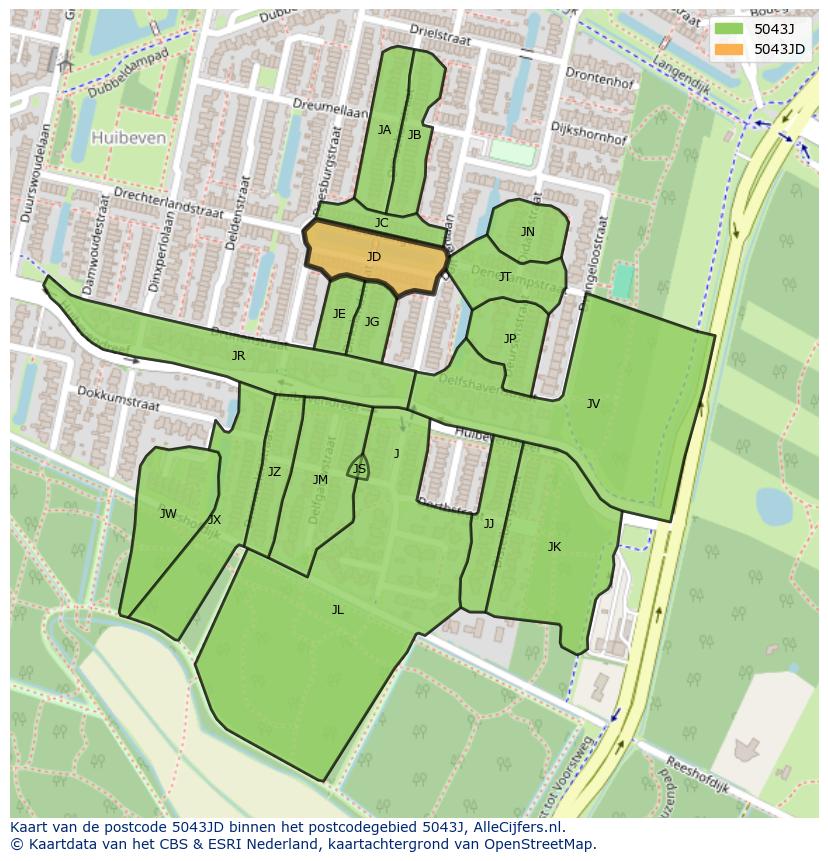 Afbeelding van het postcodegebied 5043 JD op de kaart.
