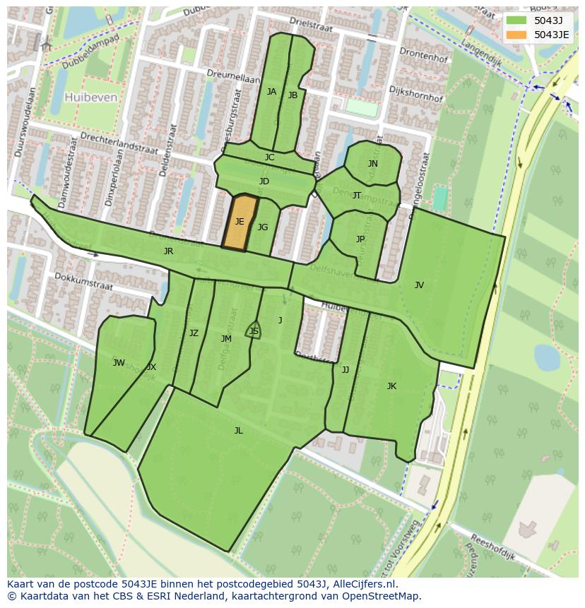 Afbeelding van het postcodegebied 5043 JE op de kaart.
