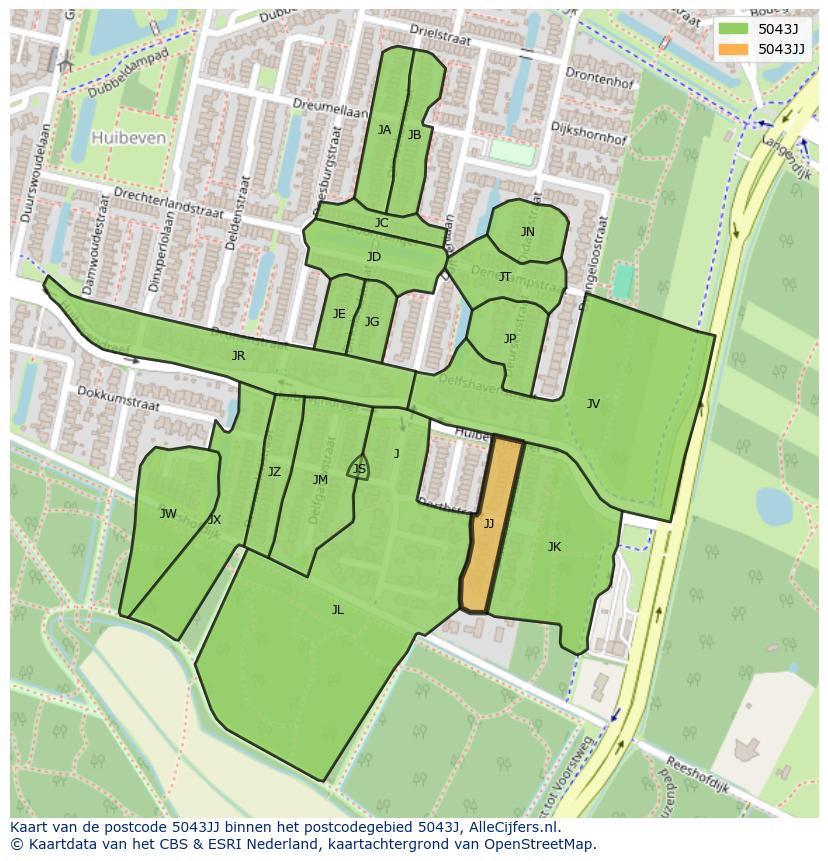 Afbeelding van het postcodegebied 5043 JJ op de kaart.