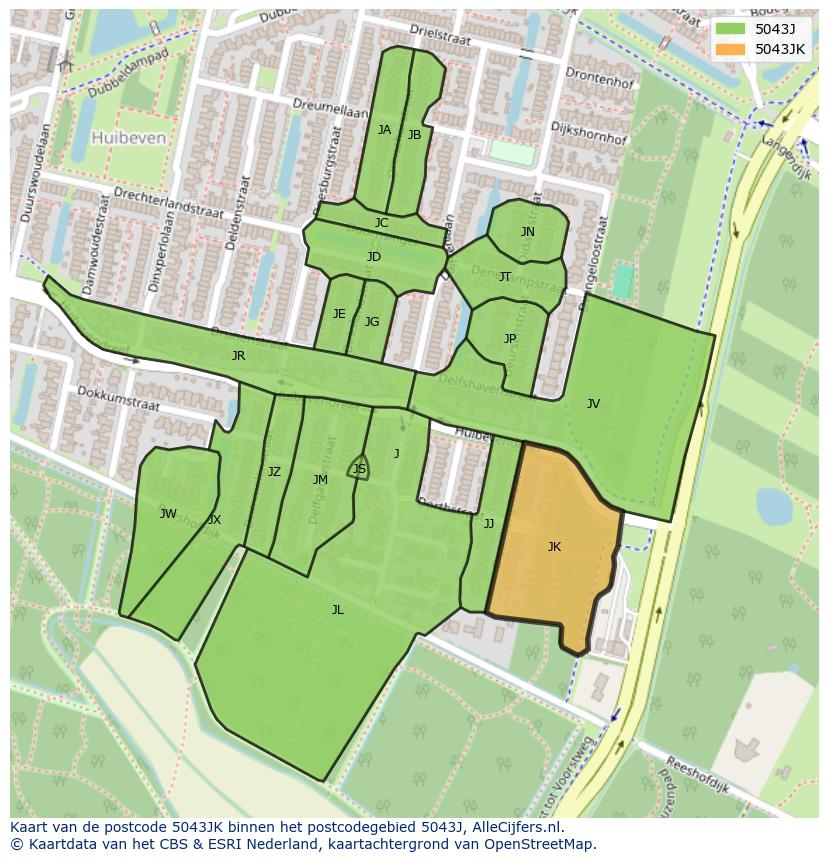 Afbeelding van het postcodegebied 5043 JK op de kaart.