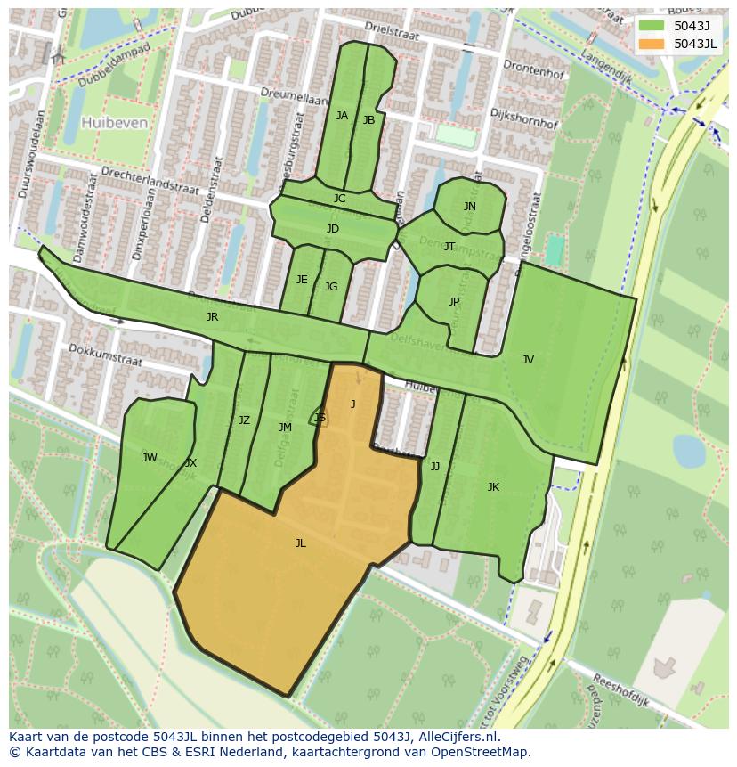 Afbeelding van het postcodegebied 5043 JL op de kaart.