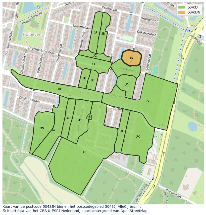 Afbeelding van het postcodegebied 5043 JN op de kaart.