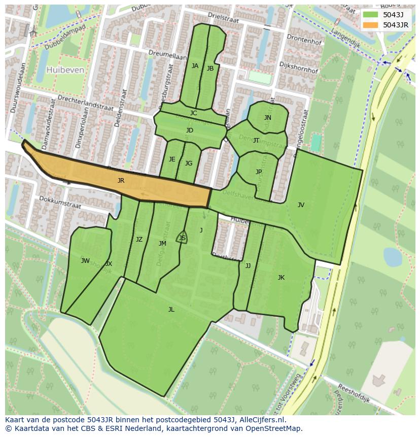 Afbeelding van het postcodegebied 5043 JR op de kaart.