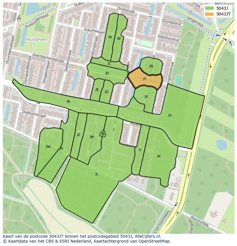 Afbeelding van het postcodegebied 5043 JT op de kaart.