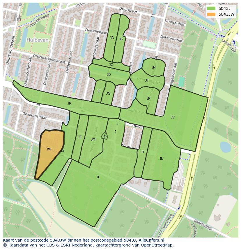 Afbeelding van het postcodegebied 5043 JW op de kaart.