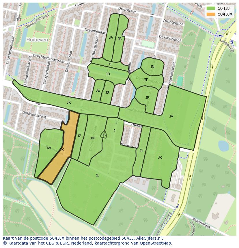 Afbeelding van het postcodegebied 5043 JX op de kaart.