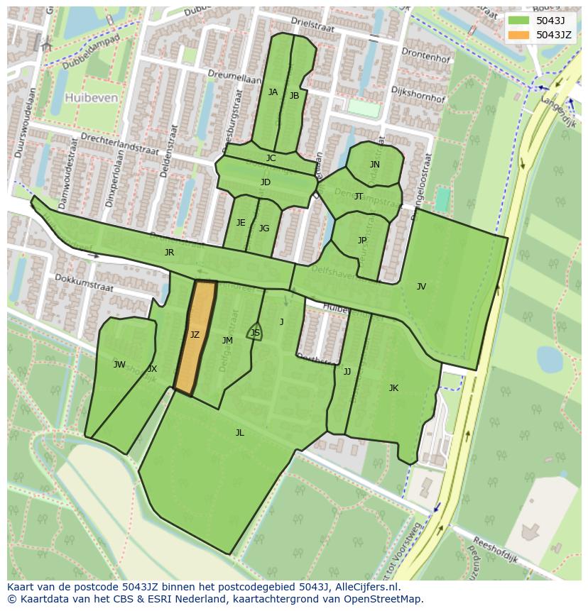 Afbeelding van het postcodegebied 5043 JZ op de kaart.