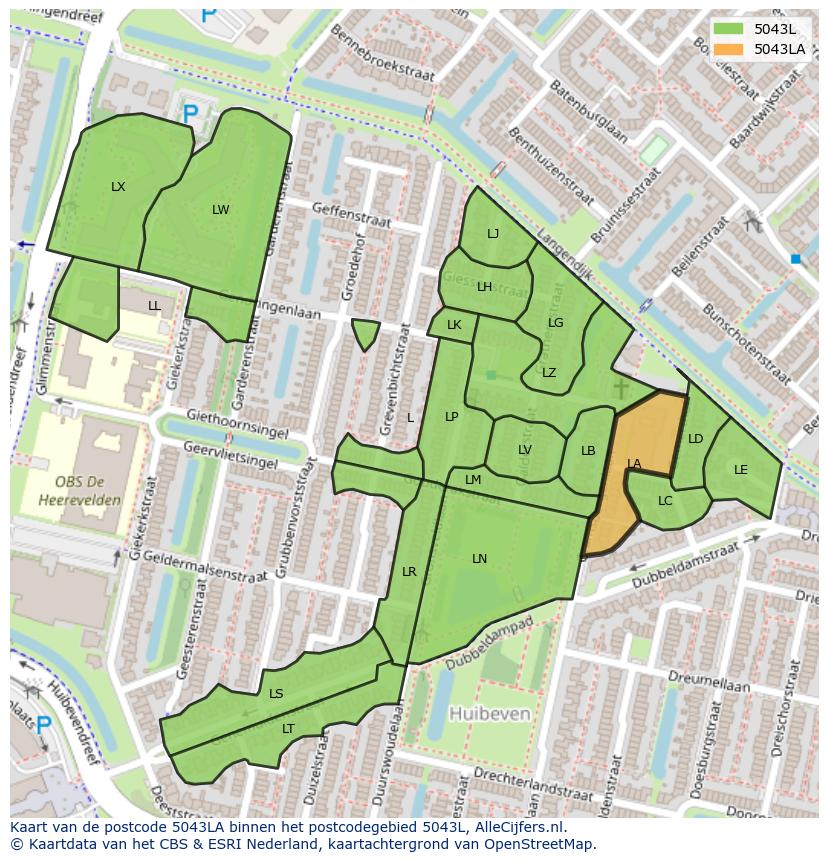 Afbeelding van het postcodegebied 5043 LA op de kaart.