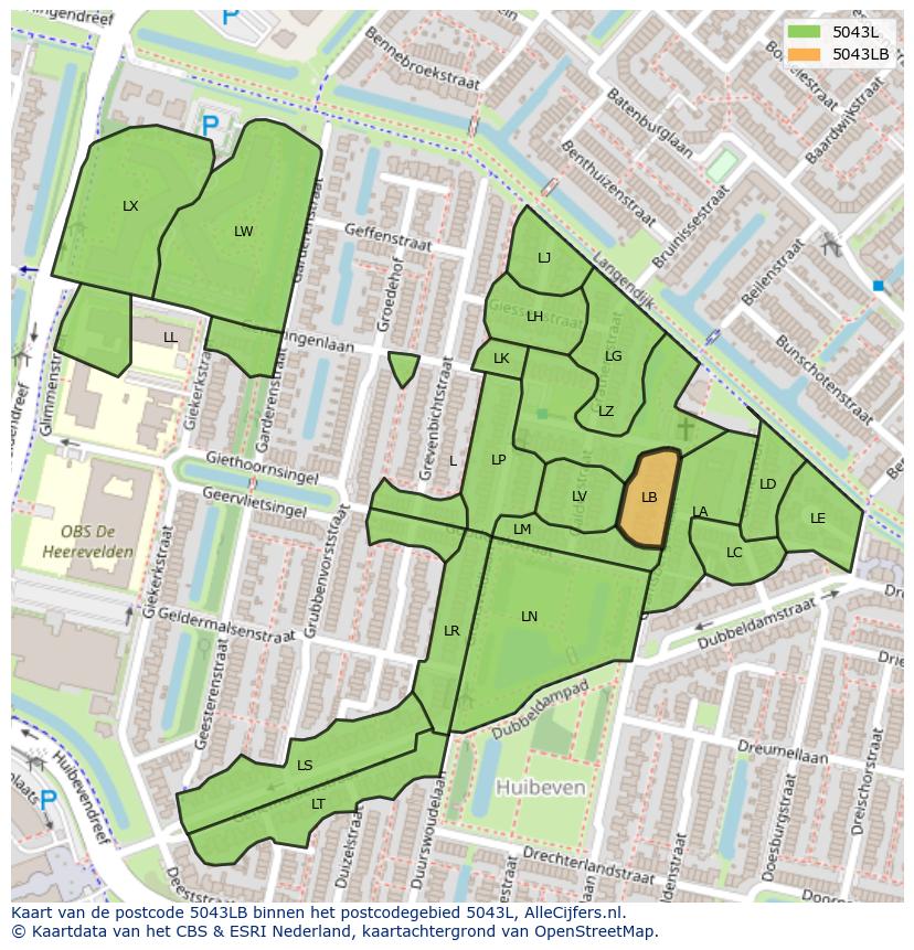 Afbeelding van het postcodegebied 5043 LB op de kaart.