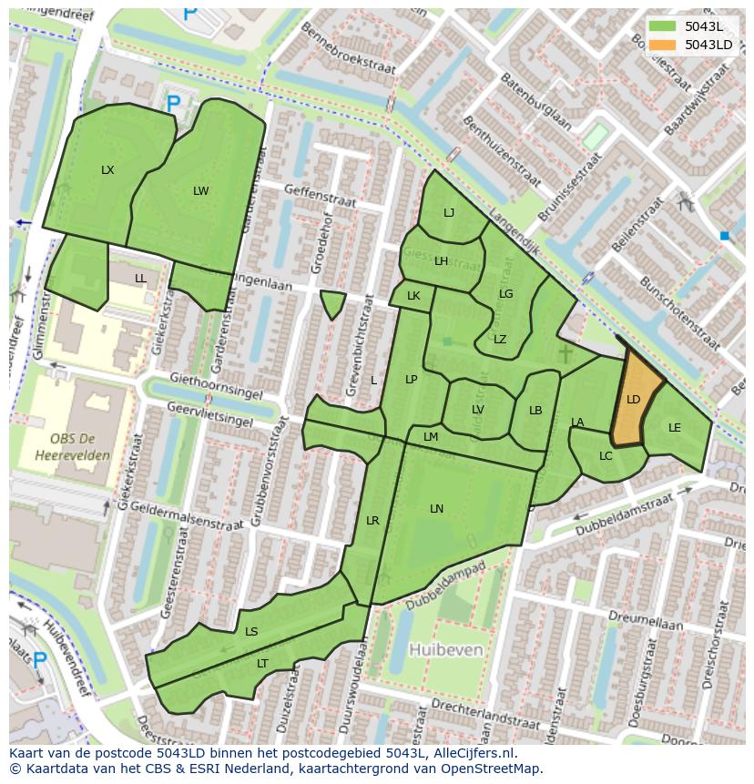Afbeelding van het postcodegebied 5043 LD op de kaart.