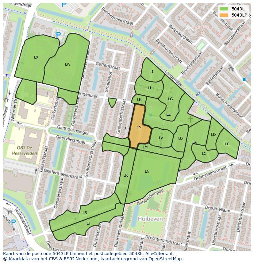 Afbeelding van het postcodegebied 5043 LP op de kaart.