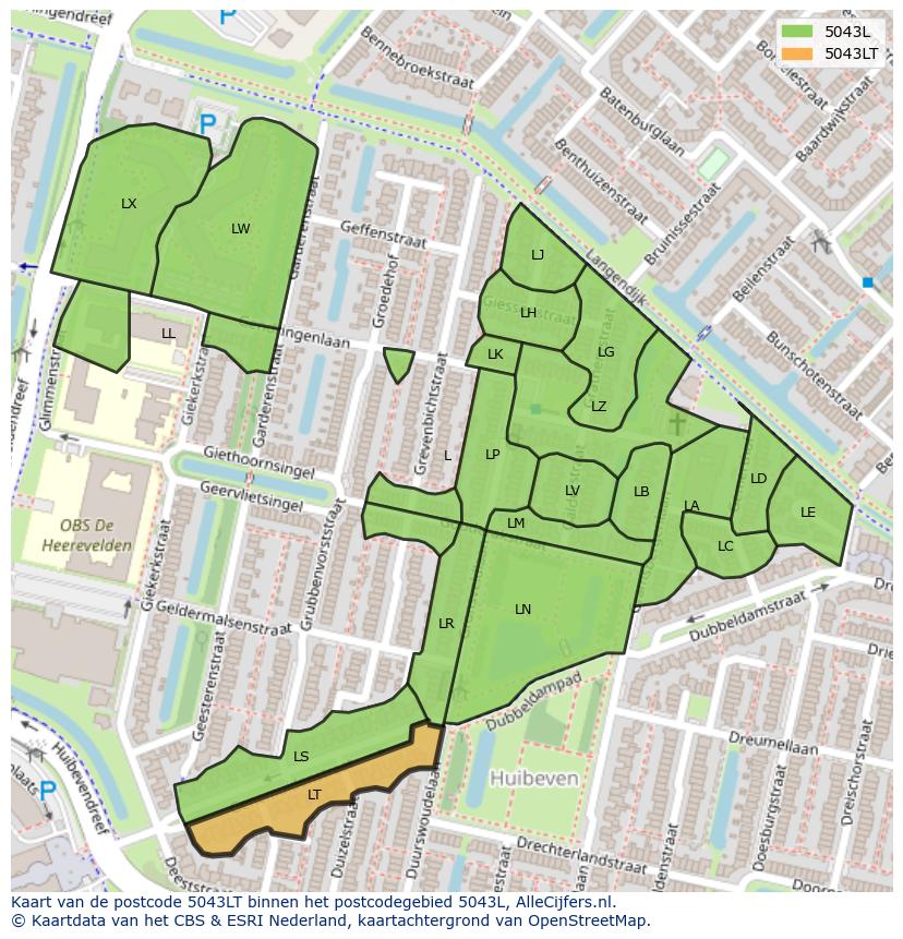 Afbeelding van het postcodegebied 5043 LT op de kaart.