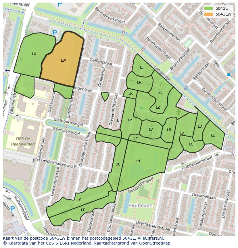 Afbeelding van het postcodegebied 5043 LW op de kaart.